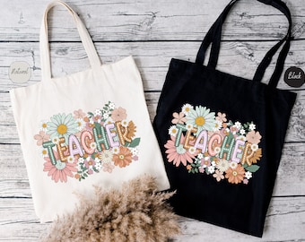 Teacher Flower Tote Bag, Boho Floral Teacher Tote Bag, Cute Teacher Bag, Gift For Teacher,  Wildflower Teacher Tote, Teacher Appreciation