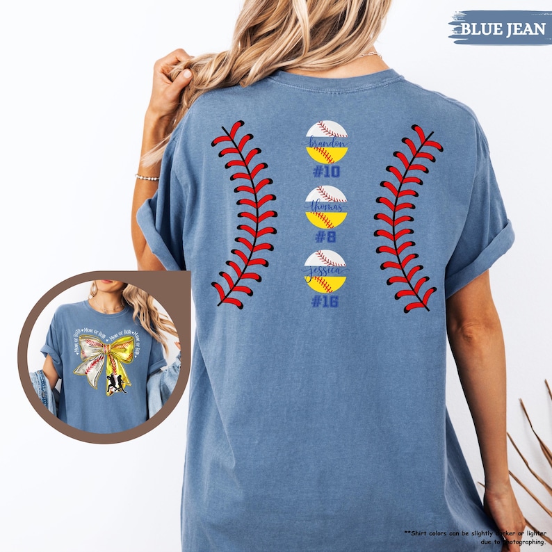 Comfort Colors Mom Of Both Baseball Softball Mom Shirt, Softball Baseball Shirt With Names, Custom Baseball Mama Shirt With Bow, Gameday Tee image 8