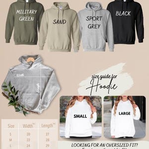 May include: Unisex adult hoodie size chart with color options: military green, sand, sport grey, and black. The chart shows width and length measurements in inches for sizes S, M, L, XL, and 2XL. A model is wearing a white hoodie in sizes small and large for reference.