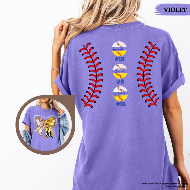 Comfort Colors Mom Of Both Baseball Softball Mom Shirt, Softball Baseball Shirt With Names, Custom Baseball Mama Shirt With Bow, Gameday Tee image 11