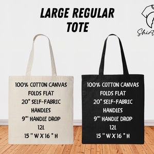 May include: Two tote bags, one black and one white, with the text "100% Cotton Canvas", "Folds Flat", "20" Self-Fabric Handles", "9" Handle Drop", "12L", "15" W x 16" H" printed on them.