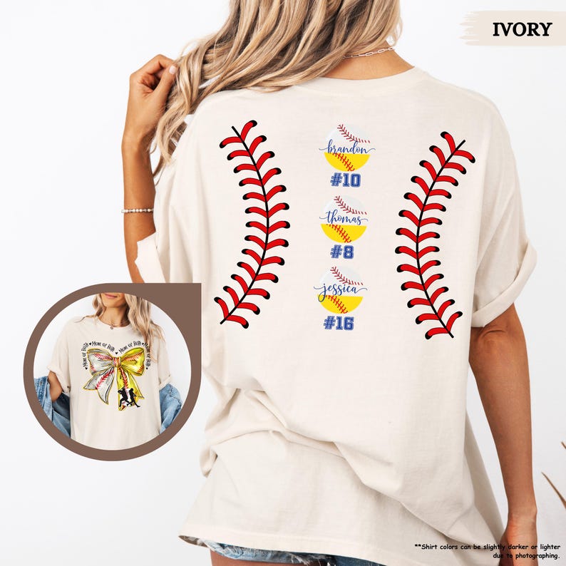 Comfort Colors Mom Of Both Baseball Softball Mom Shirt, Softball Baseball Shirt With Names, Custom Baseball Mama Shirt With Bow, Gameday Tee image 3