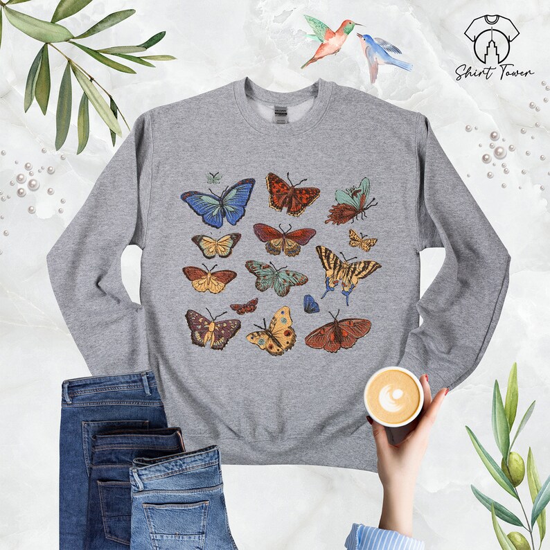 Butterfly Sweatshirt, Butterfly Crewneck, Butterfly Lover Gift, Colorful Butterflies, Botanical Sweatshirt,Nature Lover Sweat,Butterfly Gift image 2