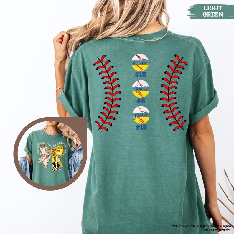 Comfort Colors Mom Of Both Baseball Softball Mom Shirt, Softball Baseball Shirt With Names, Custom Baseball Mama Shirt With Bow, Gameday Tee image 9