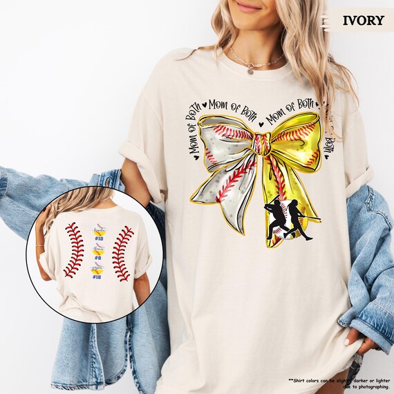 Comfort Colors Mom Of Both Baseball Softball Mom Shirt, Softball Baseball Shirt With Names, Custom Baseball Mama Shirt With Bow, Gameday Tee