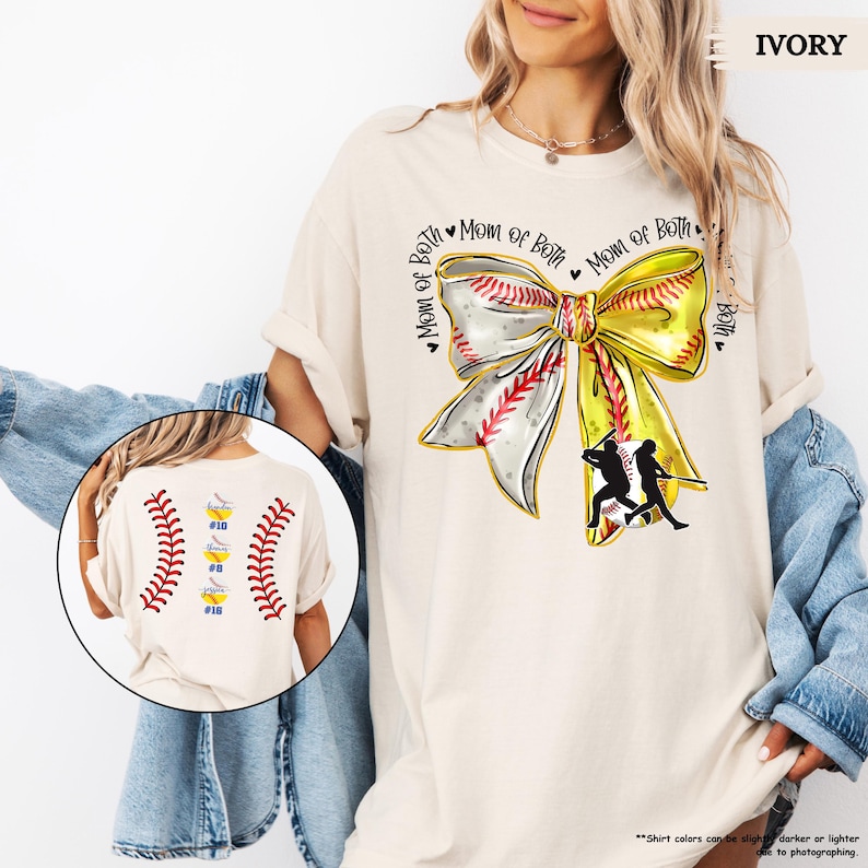 Comfort Colors Mom Of Both Baseball Softball Mom Shirt, Softball Baseball Shirt With Names, Custom Baseball Mama Shirt With Bow, Gameday Tee image 1