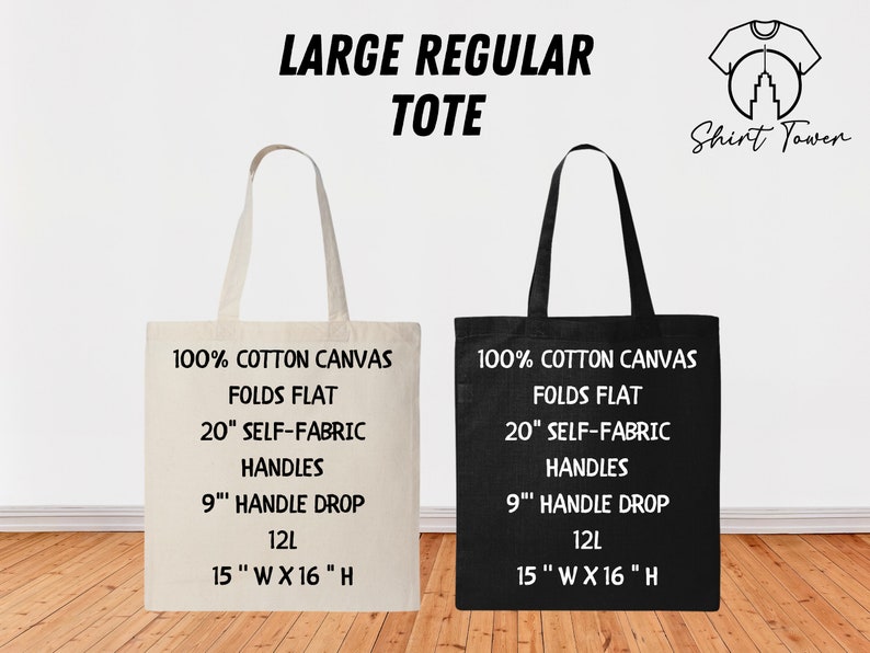 K&ouml;nnte beinhalten: Zwei Tragetaschen, eine schwarze und eine wei&szlig;e, mit dem Text "100% Baumwolle Canvas", "Faltet flach", "20" Selbstgewebte Griffe", "9" Griffh&ouml;he", "12L", "15" B x 16" H" aufgedruckt.