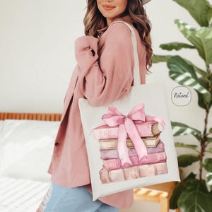 Pink Book Tote Bag, Bookish Tote Bag, Librarian Tote Bag, Canvas Tote Bag, Stack Of Book, Bookworm Tote Bag, Reusable Bag, Reader Tote Bag