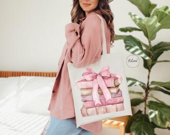 Pink Book Tote Bag, Bookish Tote Bag, Librarian Tote Bag, Canvas Tote Bag, Stack Of Book, Bookworm Tote Bag, Reusable Bag, Reader Tote Bag