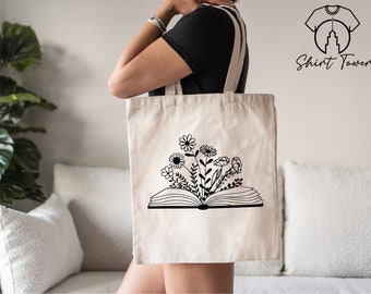 Book Lover Tote Bag, Floral Tote Bag, Library Tote Bag, Canvas Tote Bag, Teacher Tote Bag, Wildflower Tote Bag, Reusable Bag, Bookworm Gift