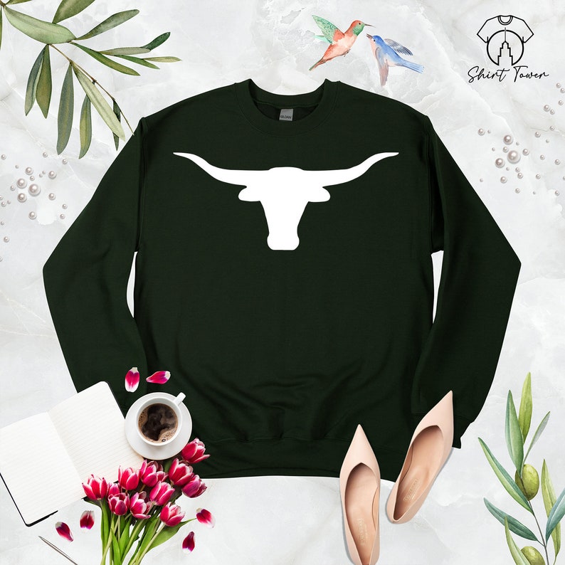 May include: A dark green sweatshirt with a white silhouette of a longhorn bull's head on the front.