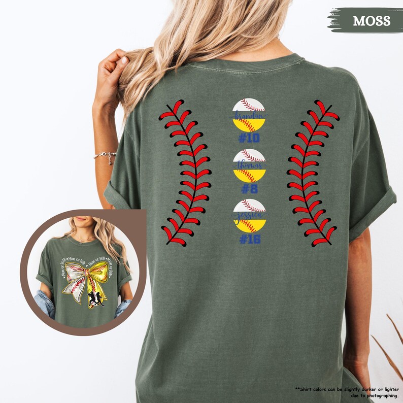 Comfort Colors Mom Of Both Baseball Softball Mom Shirt, Softball Baseball Shirt With Names, Custom Baseball Mama Shirt With Bow, Gameday Tee image 5