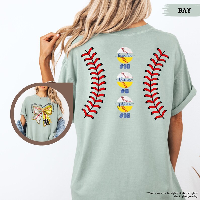 Comfort Colors Mom Of Both Baseball Softball Mom Shirt, Softball Baseball Shirt With Names, Custom Baseball Mama Shirt With Bow, Gameday Tee image 4