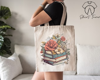 Books And Flowers Tote Bag, Book Lover Tote, Bookish Tote Bag, Book Lover Gift, Canvas Tote Bag, Library Bag, Bookworm Gift, Reusable Bag