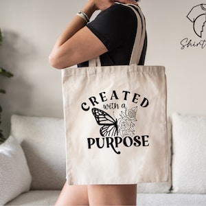 Created With A Purpose Tote Bag, Christian Tote Bag, Butterfly Tote Bag,Church Bag,Canvas Tote Bag,Faith Tote,Reusable Bag,Bible Verse Gifts