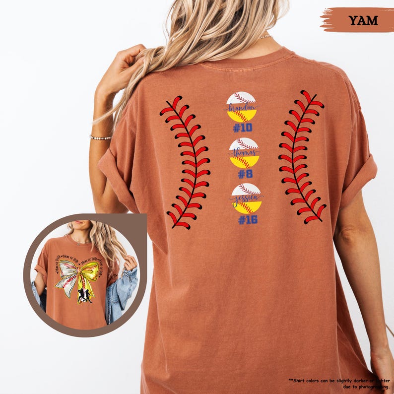 Comfort Colors Mom Of Both Baseball Softball Mom Shirt, Softball Baseball Shirt With Names, Custom Baseball Mama Shirt With Bow, Gameday Tee image 10