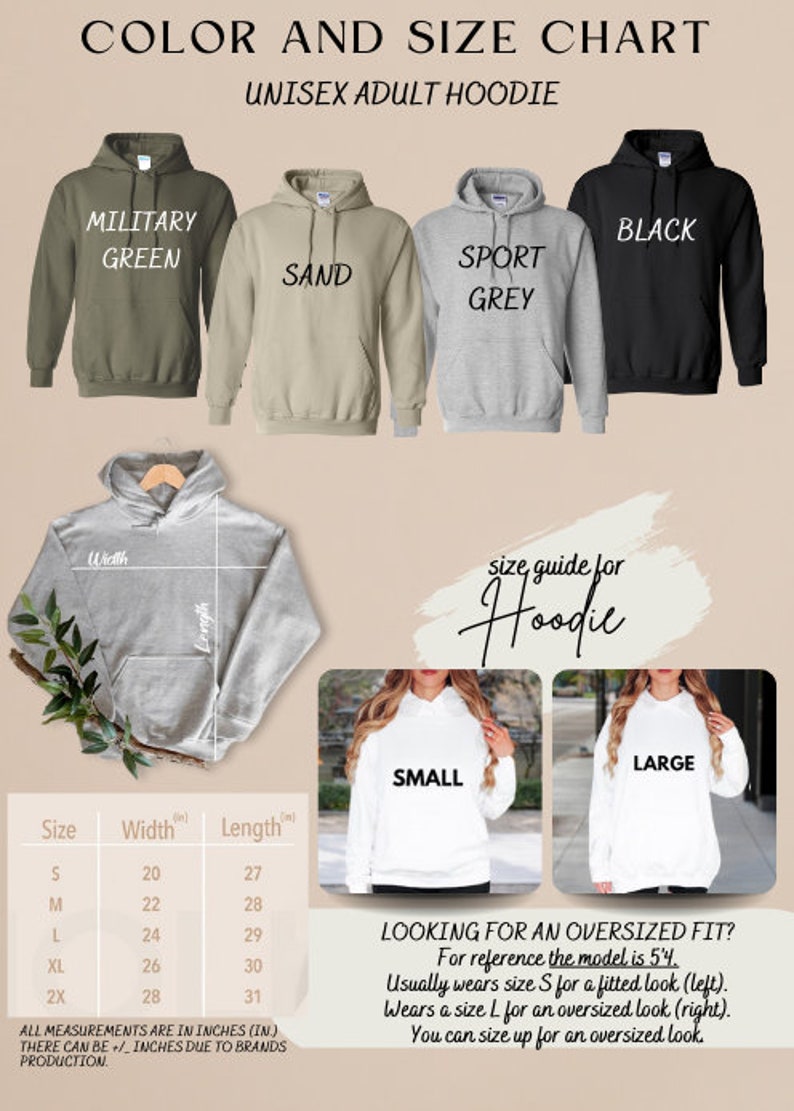 a woman's hoodie with the text color and size chart