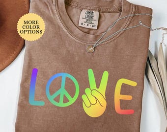 Comfort Colors Pride Love Rainbow Peace Shirt, Pride Month Tshirt, LGBTQ Gift, Love is Love Tee, Peace Sign Shirt, Lesbian Gift, Queer Tee