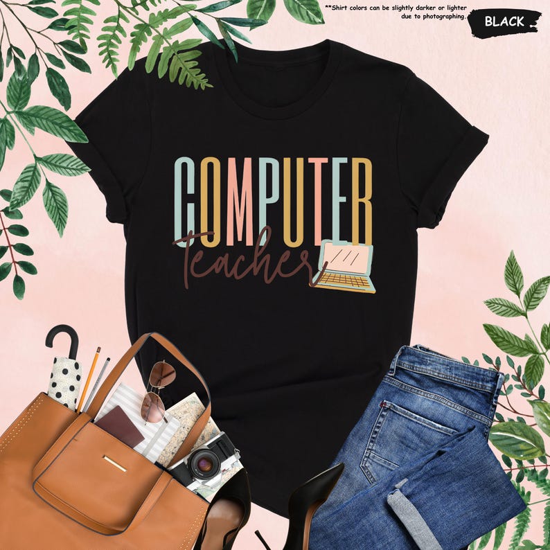 a t - shirt that says computer races next to a handbag, purse,