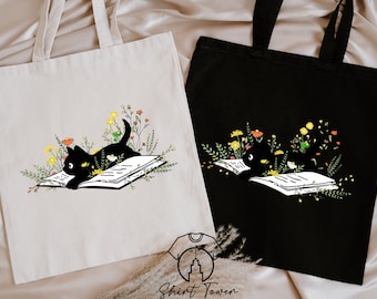 Cat Book Tote Bag, Book Lover Gift, Bookish Tote Bag, Canvas Tote Bag, Reading Tote Bag,Cat Lover Bag,Library Tote,Cat Mom Gift,Reusable Bag