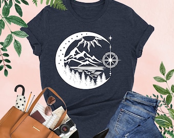 Compass Shirt, Compass Mountain Shirt, Cute Graphic Shirt, Compass Moon Mountain Shirt, Adventure Shirt, Travel Shirt, Camping Lover Shirt