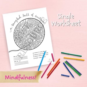 Może przedstawiać: Biała karta pracy zatytułowana "a tangled ball of Emotions" z okrągłym diagramem emocji. Obraz zawiera kolorowe markery i słowo "Mindfulness!" na banerze. Karta pracy jest przeznaczona do autorefleksji.