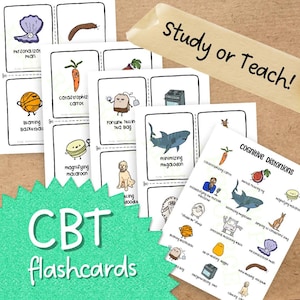 May include: A set of colorful flashcards with illustrations and text. The flashcards are designed to help people learn about cognitive distortions. The text on the flashcards includes phrases like "catastrophizing carrot", "minimizing megalodon", and "jumping to conclusions jag"