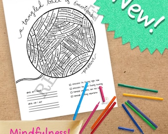 Tanged Ball of Emotions, NEW EDITION! Mindfulness, art and play therapy coloring and worksheet for therapists, children, teens, or yourself!