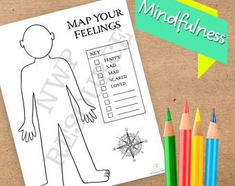 Mindfulness Feelings Map Worksheet (for Kids, Teens, and Adults! Therapists, teachers, and parents!) A Play and Art Therapy Worksheet
