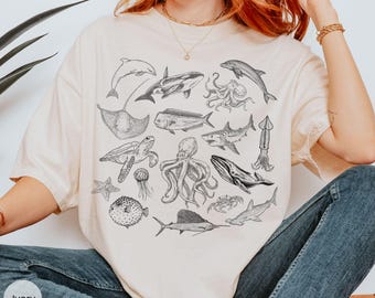 Comfort Colors Vintage 90s Tattoo Sea Creatures Tee, Sea Creatures T-shirt, Sea Shirt, Sea Animals Shirt, Marine Biologist Gift