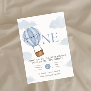 Feliz 1º aniversário, convite de aniversário de balão de ar quente - convite personalizado para festa de aniversário, modelo de convite editável para impressão