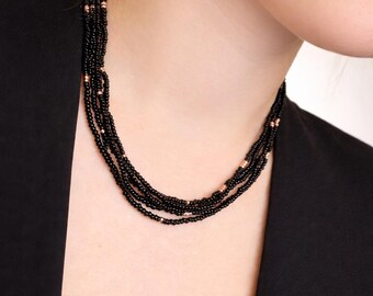 Long Black Beaded Wrap Necklace | Gold Accent Choker | Handmade Bead Jewelry Black and Gold Seed Bead Necklace | Wrap Style Necklace
