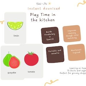 Fruits and Vegetables Cards in Spanish | Montessori Flash Cards | Pre-School Cards | Educational Printable Cards | Instant Download