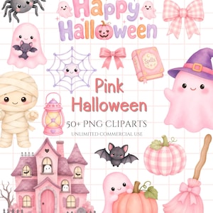 Könnte beinhalten: Eine digitale Sammlung von rosa Halloween-Illustrationen mit einem Spukhaus, Geistern, einer Mumie, einer Spinne, einer Fledermaus, einem Kürbis, einem Besen, einem Zauberbuch und Schleifen. Der Text lautet Happy Halloween, Pink Halloween und 50+ PNG CLIPARTS.