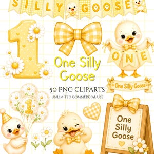 May include: A digital collection of yellow goose-themed clipart featuring a number one, a chequered bow, a goose holding a banner that says ONE, balloons with a number one, a goose with a party hat, and a sign that says One Silly Goose.