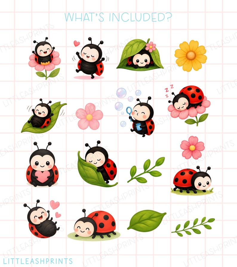 Ladybug Clipart Bundle PNG, Cute Watercolor Ladybug Clipart, Kawaii Bug ...