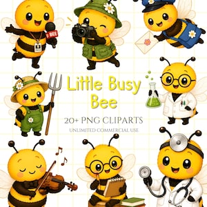 Puede incluir: Una colección de ilustraciones de abejas de dibujos animados con varias profesiones, incluyendo reportero, fotógrafo, cartero, jardinero, científico, músico, estudiante y médico, con el texto Little Busy Bee 20+ PNG CLIPARTS UNLIMITED COMMERCIAL USE.