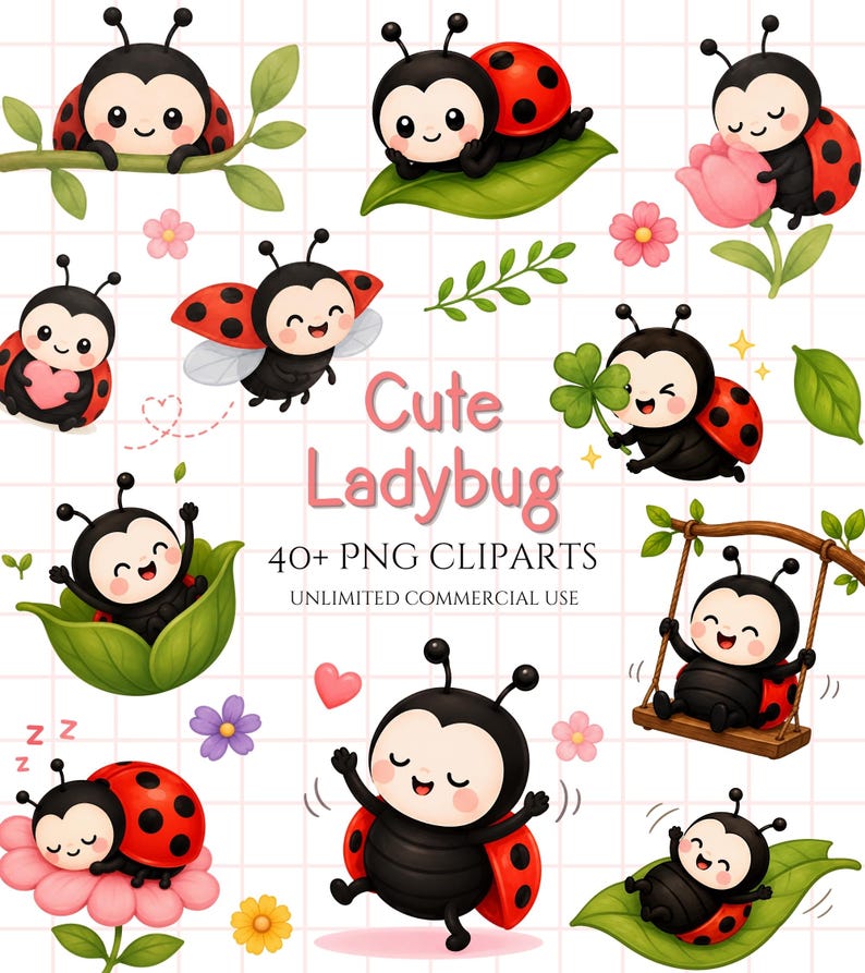 Ladybug Clipart Bundle PNG, Cute Watercolor Ladybug Clipart, Kawaii Bug ...