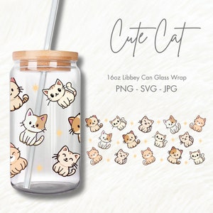 Cat Libbey Glasverpackung, 16 Unze Glasdosenverpackung PNG, Glasbecherverpackung, Glasdosensublimationsverpackungsdesign Digitaler Download