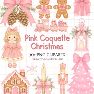 Puede incluir: Una colección digital de ilustraciones navideñas en tonos rosa que incluye una muñeca, figuras de pan de jengibre, un tren, un farol, un cascanueces, una casa de jengibre, una vela, un árbol y lazos con el texto Pink Coquette Christmas 30+ PNG CLIPARTS.