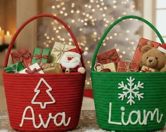 Custom Name Christmas Basket, Gift for Kids, Christmas Gift, Present Storage, Christmas Decor, Yarn Basket, Handmade Christmas Basket