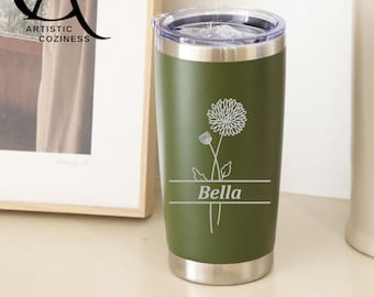 Personalized Birth Flower Tumbler with Name, 20oz Stainless Steel Engraved Tumbler, Custom Insulated Tumbler, Travel Tumbler, Floral Cups