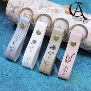 Personalized Leather Keychain, Leather Keyring, Custom Name Keychain with Birthflower, Birthday Gifts, Christmas Gifts
