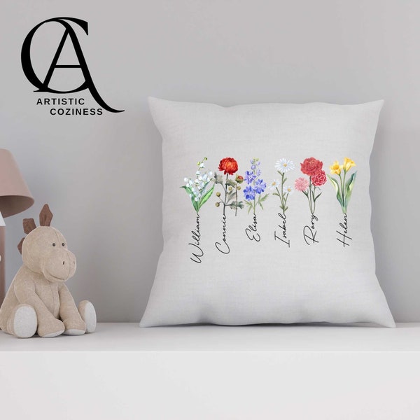 Customized Pillow with Name, Custom Couch Pillow, Personalized Birthflower Pillow, Family Couch Pillow, Birthday Gift, Birthmonth Flower