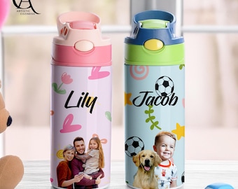 Custom Photos Water Bottle, Kindergarten Gifts, Photos Tumbler, Name Water Bottle, Birthday Party Favors, Pet faces Mug,Printed Cat Face Mug
