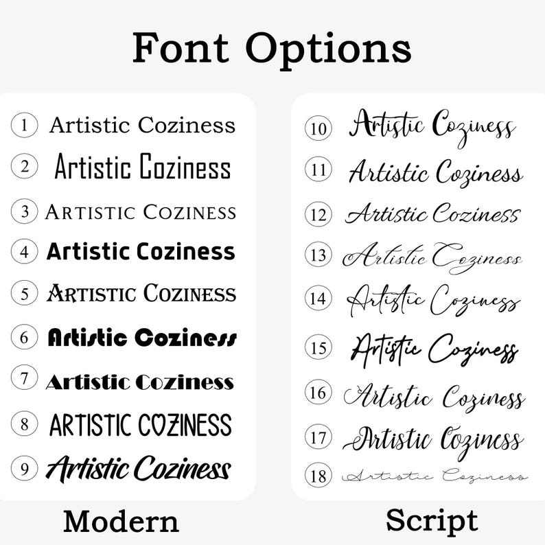 May include: A chart titled Font Options displaying eighteen distinct black text styles on a white background. The list is divided into two columns labeled Modern and Script, each showing the phrase Artistic Coziness in various typefaces.