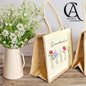 Personalisierte Geburtsblumen-Einkaufstasche, Geburtsmonat Blumentasche für Mutter, Omas Geburtsblumen-Jutetasche, Umweltfreundliche Einkaufstasche, Segeltuchtasche