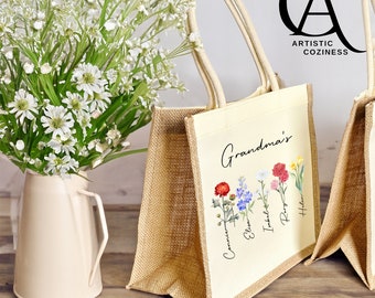 Personalized birthflower tote bag, Birth month floral tote for mom, Grandma's birthflower jute bag, Eco-friendly shopping bag, Canvas bag