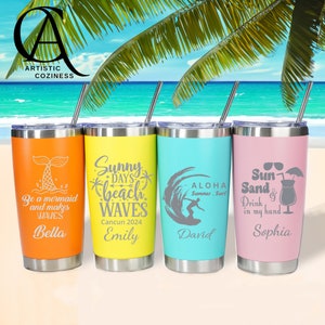 May include: Four stainless steel tumblers with different summer-themed designs and names. The tumblers are orange, yellow, blue, and pink. The designs include a mermaid, palm trees, waves, a surfer, sunglasses, and a cocktail.