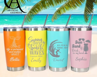 Vaso personalizado de acero inoxidable de 20 oz con grabado, vaso térmico personalizado, vaso de viaje de verano, vaso con tapa, vaso de vacaciones